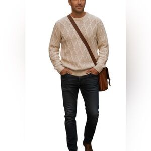 Abercrombie & Fitch Men’s Cable Knit Sweater Cream Talla L Merino Blend